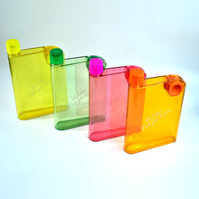 Slim and colorful water bottle shaped like a notebook.