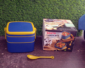 Blue portable lunch box with spoon and carrying handle